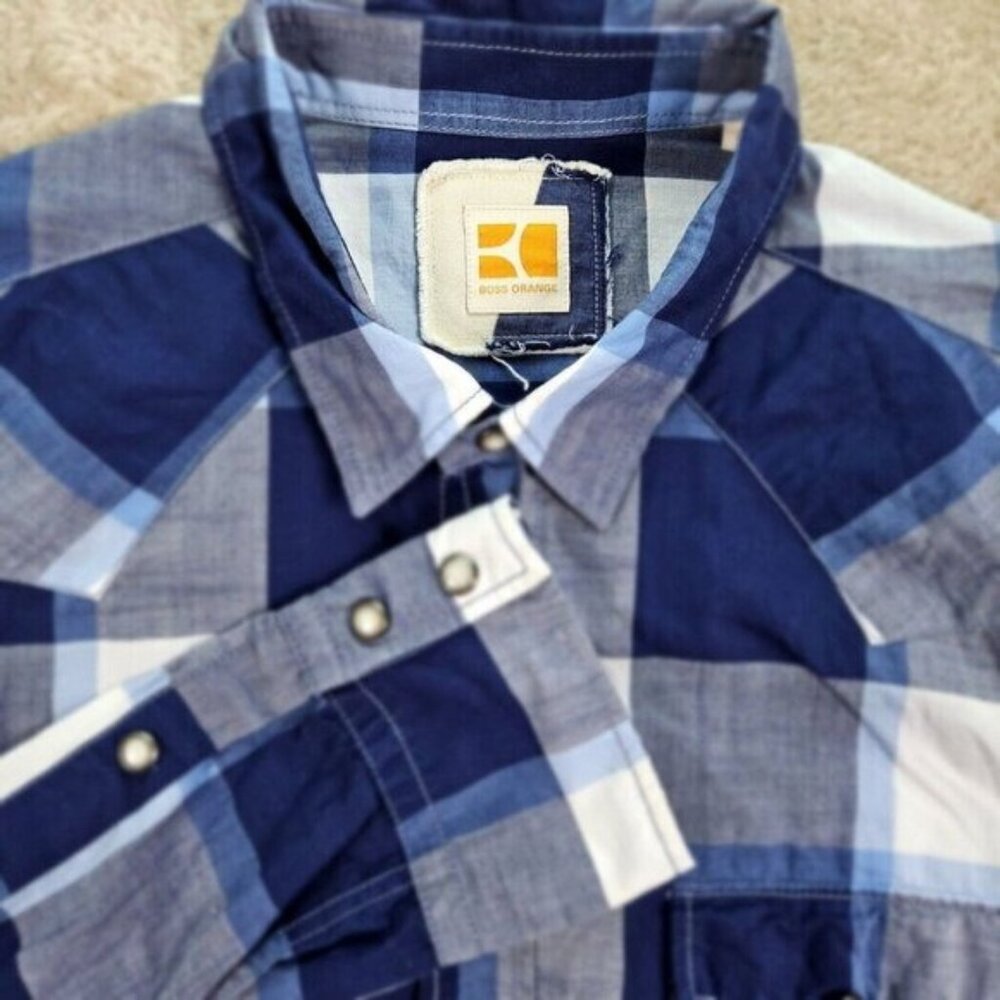 Boss Orange Shirt Cotton Linen Plaid Snap Buttons Long Sleeve Pockets Men's Sz L